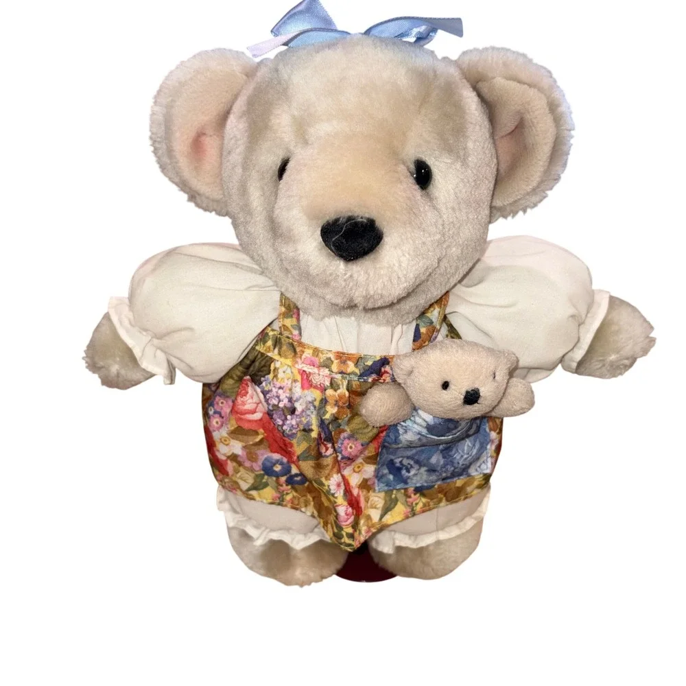 Floral Jumper Mother and Cub Plush Toy Vintage Unisex Small Cream Hallmark